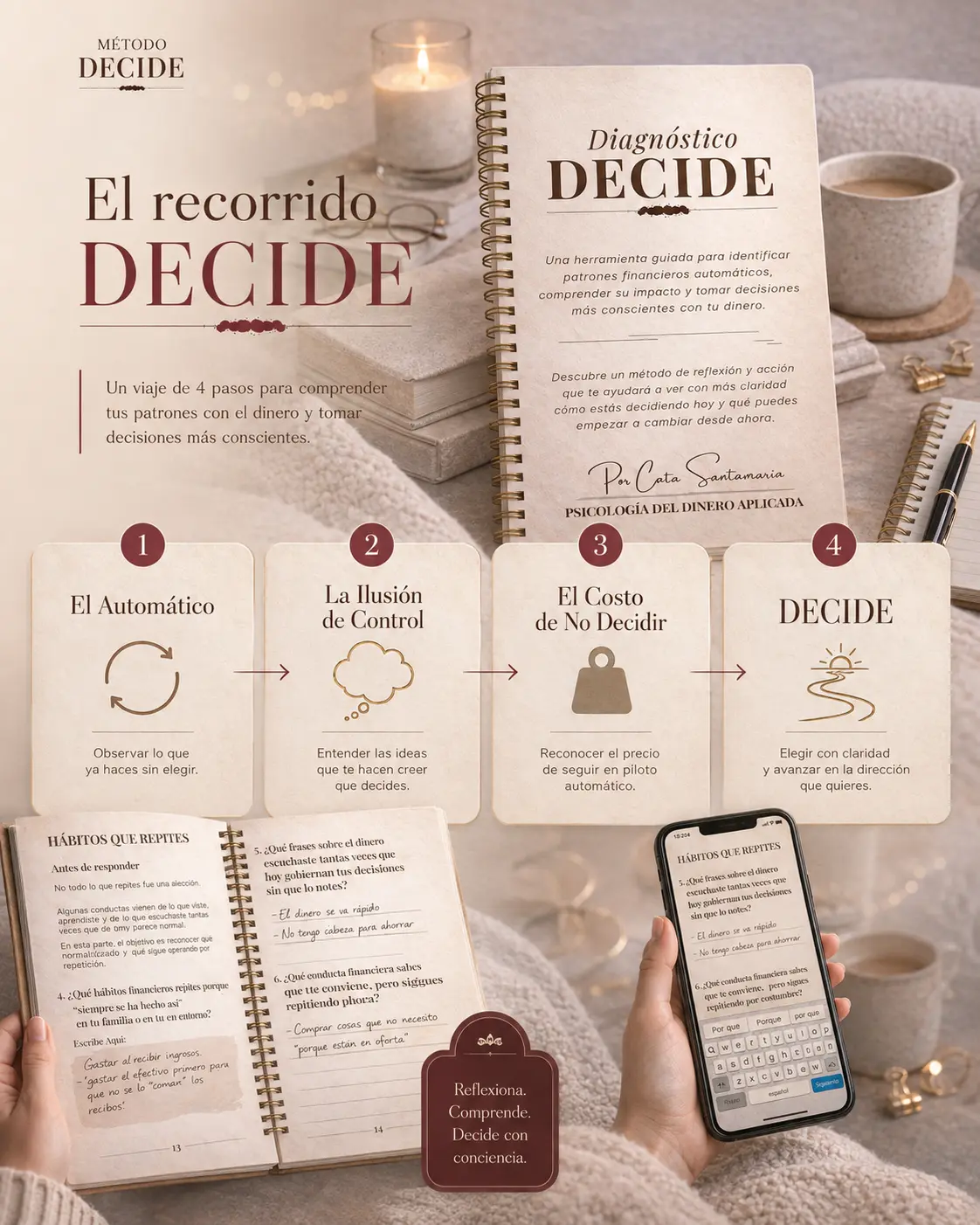 Recorrido de cuatro etapas de DECIDE: El Automático, La Ilusión de Control, El Costo de No Decidir y DECIDE.