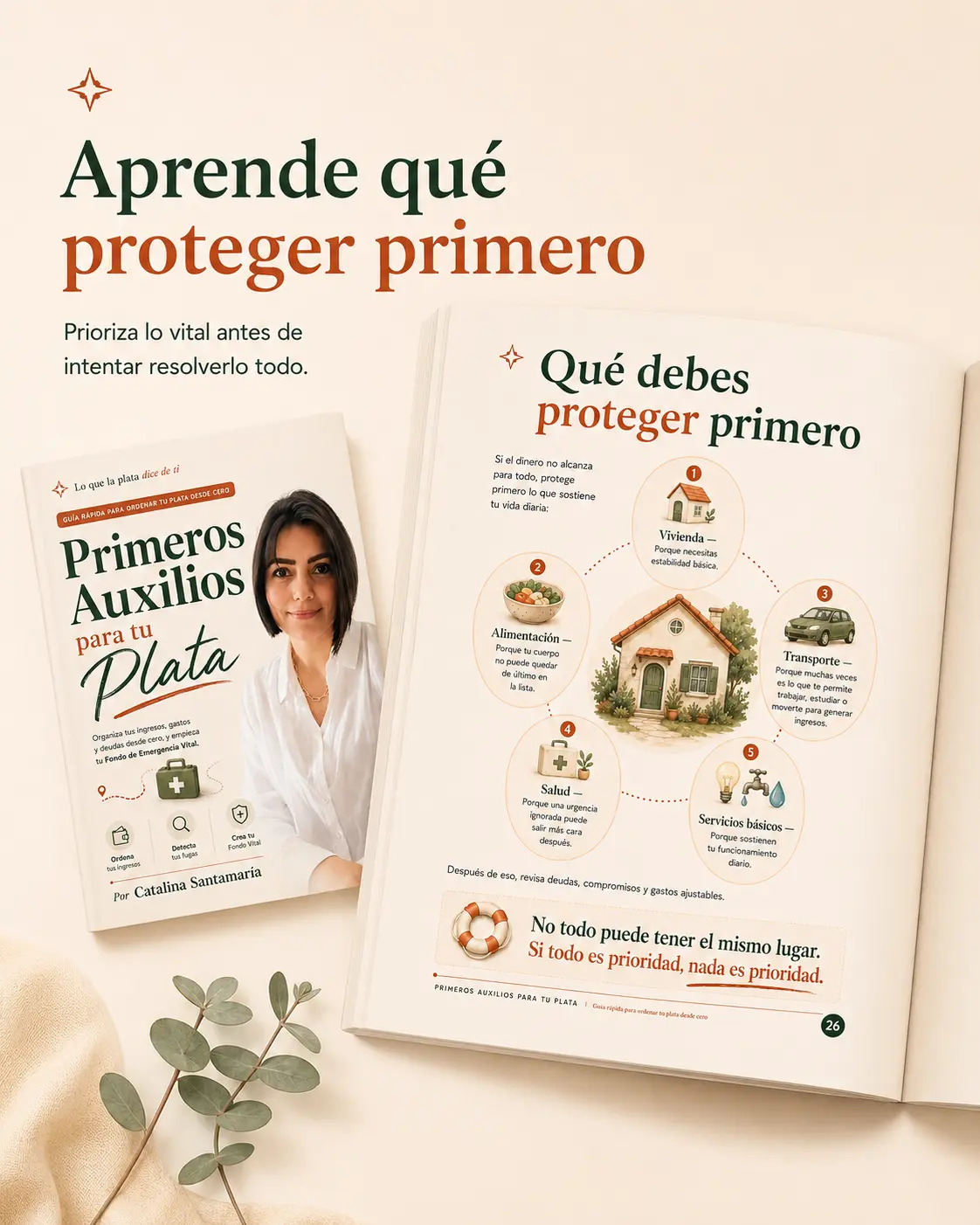 Página de Primeros Auxilios para tu Plata sobre qué proteger primero: vivienda, alimentación, transporte, salud y servicios básicos.