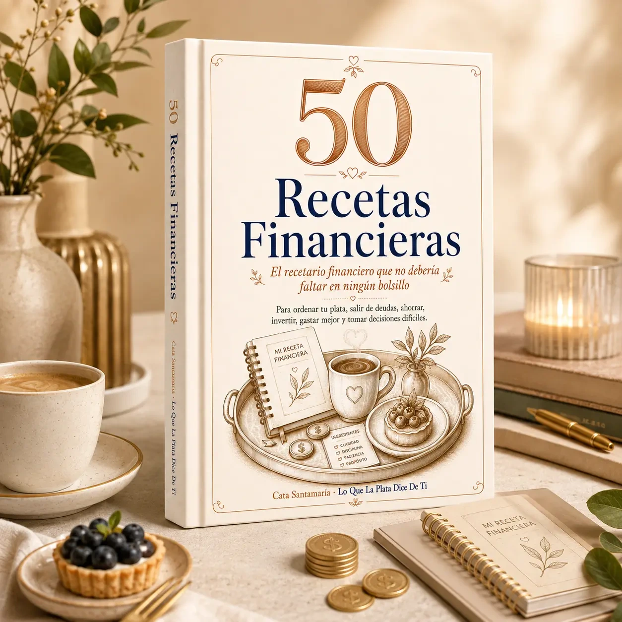 Mockup de 50 Recetas Financieras, recetario financiero de Cata Santamaría, sobre una mesa cálida con café, monedas y cuaderno.