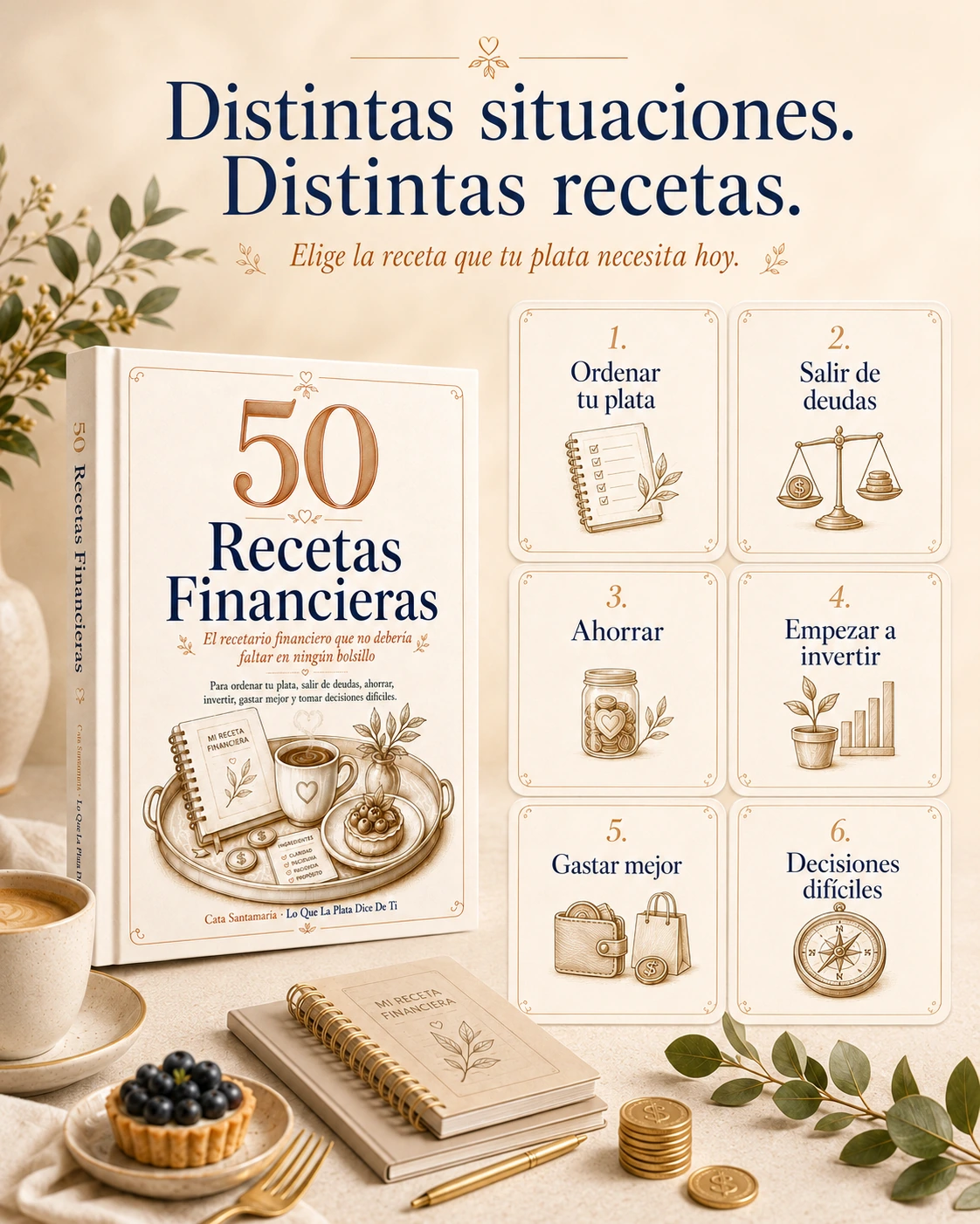 50 Recetas Financieras organizado en seis bloques: ordenar tu plata, salir de deudas, ahorrar, empezar a invertir, gastar mejor y decisiones difíciles.