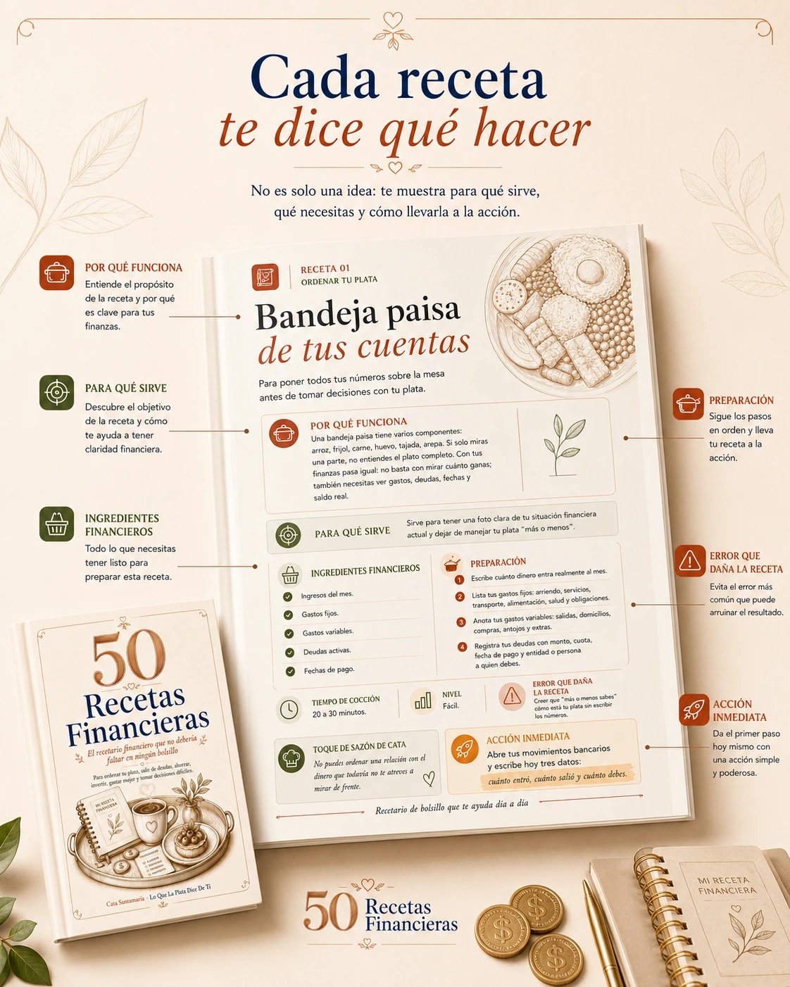 Anatomía de una receta financiera de 50 Recetas Financieras: propósito, ingredientes, preparación, error común y acción inmediata.