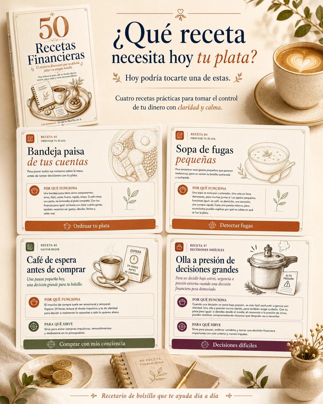 Cuatro recetas financieras reales de 50 Recetas Financieras: Bandeja paisa de tus cuentas, Sopa de fugas pequeñas, Café de espera antes de comprar y Olla a presión de decisiones grandes.